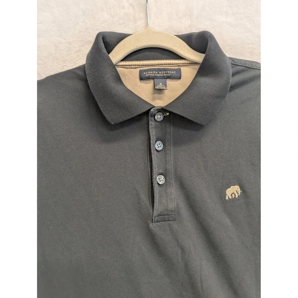 Banana Republic Mens Fitted Pique Polo Shirt Black Elephant Logo‎ Size Small